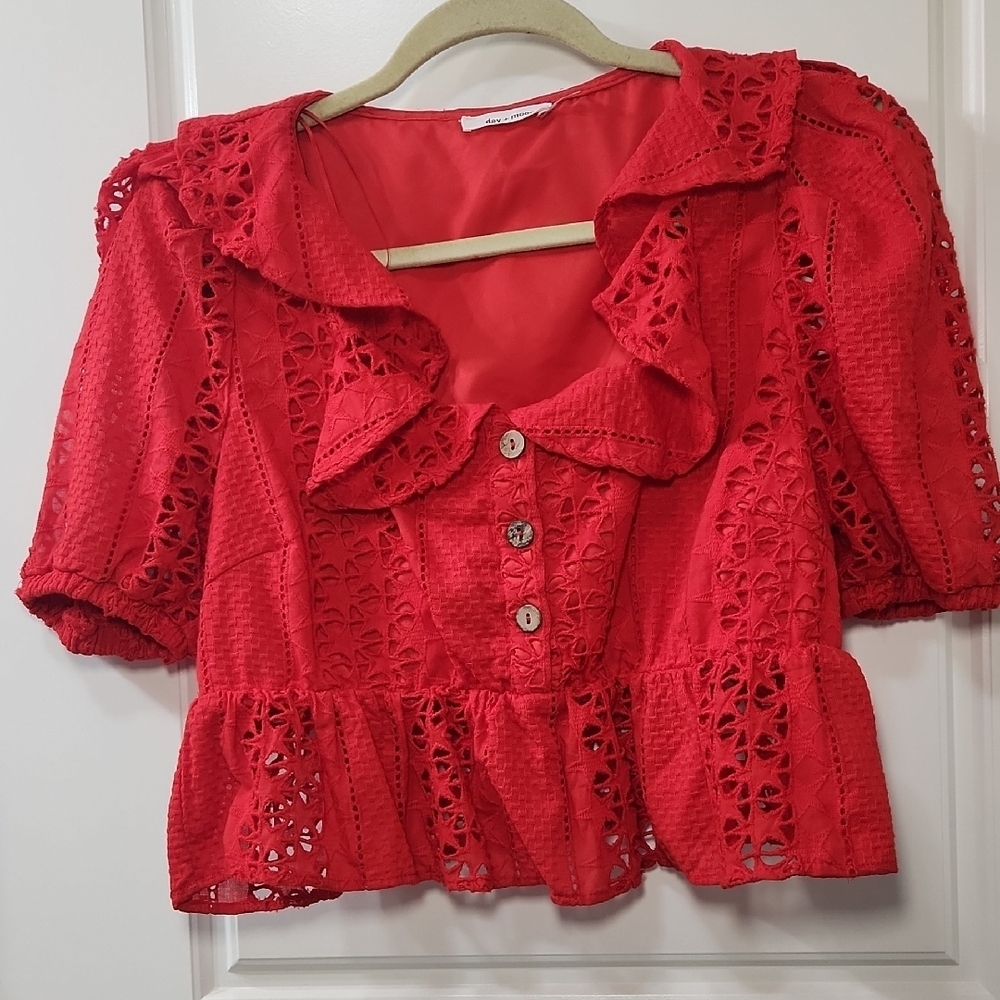 Day + Moon Red Eyelet Ruffled Cropped Top